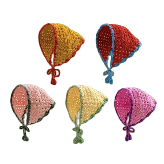 Korean Little Fresh Hollow Knitted Triangle Scarf Women's Woolen Handmade Strap Crochet Headband Hat Lace Headband