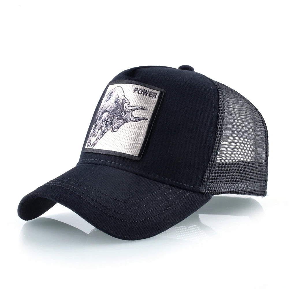 Unisex Black Baseball Cap With Animals Embroidery Patch For Men Women Fashion Snapback Hip Hop Trucker Hat Adjustable Breathable
