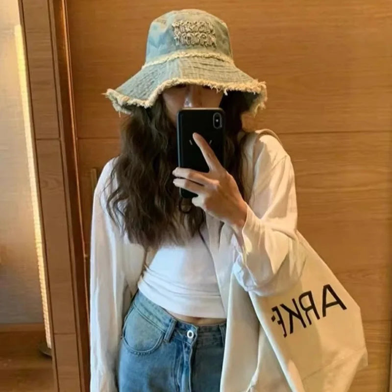 Designer Letter Tassel Denim Bucket Hats Women Summer Sun Protection Hiking Cap Panama Beach Hat Men