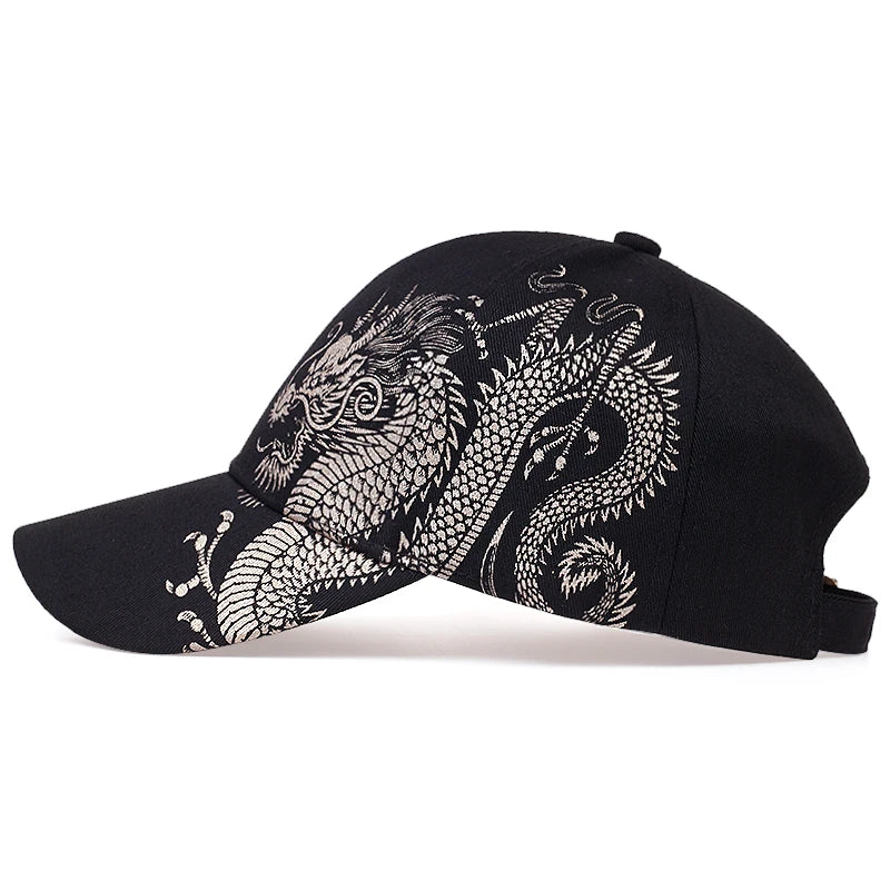 Unisex Baseball Cap Black Adjustable Chinese Style Dragon Print Casual Snapback Hats Bone Hip Hop