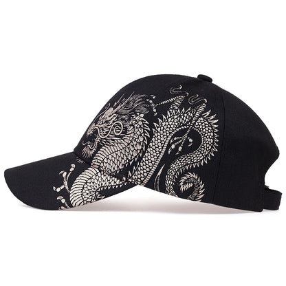 Unisex Baseball Cap Black Adjustable Chinese Style Dragon Print Casual Snapback Hats Bone Hip Hop