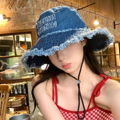 Designer Letter Tassel Denim Bucket Hats Women Summer Sun Protection Hiking Cap Panama Beach Hat Men