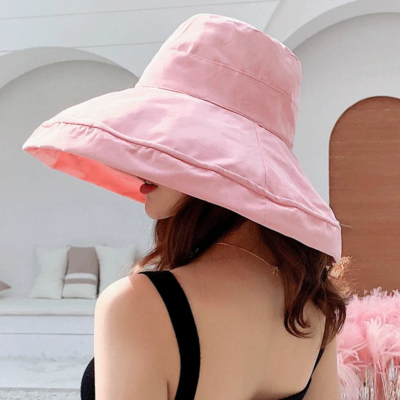 Spring Summer Women S Bucket Hat Panamanian Four Seasons Fisherman Big Brim Double-Sided Solid Color