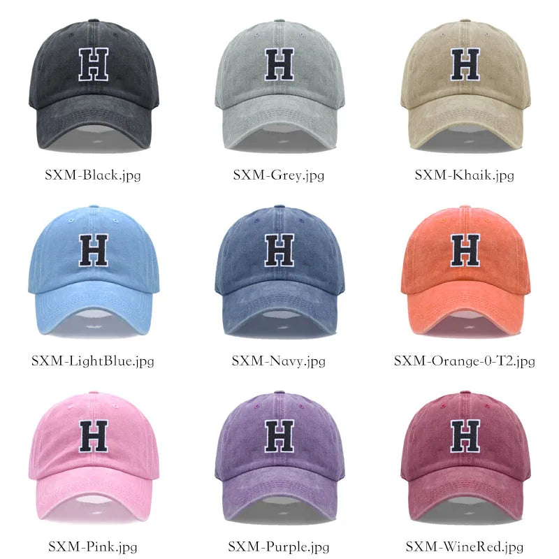 Bicolor Color Letter A-Z Embroidery Washed Cotton Baseball Cap Men Women Unisex Dad Hat Sun Outdoor