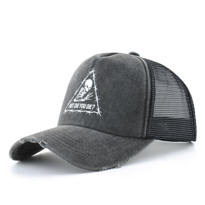Washed Denim Baseball Cap Women Printing Skull Sun Visor Cap Men Snapback Hip Hop Trucker Cap Breathable Mesh Hat